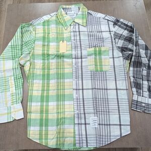 Mens THOM BROWNE Contrast Stripe LS Sport Shirt Gray/Green/Multi
